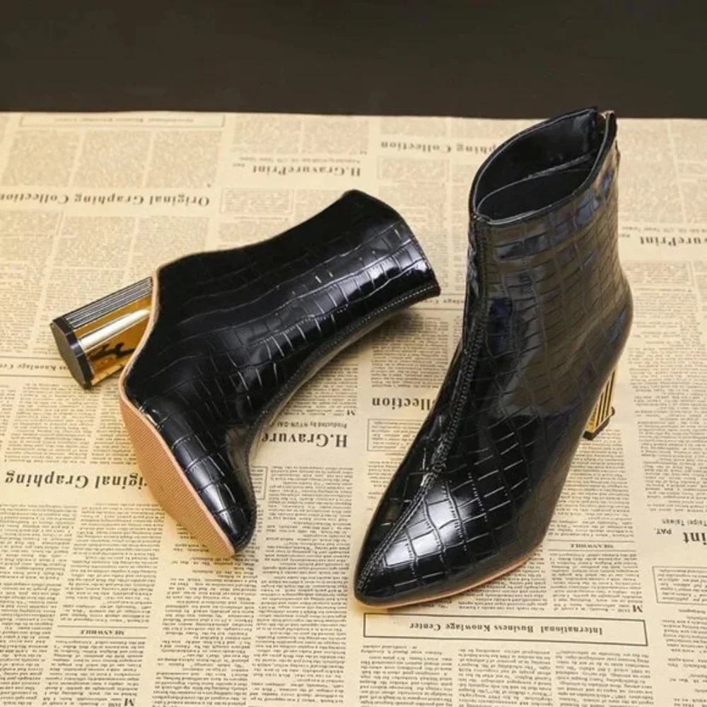 zipper ankle boots women's metal heel embossed shiny leather nude boots - Picture 6 of 9